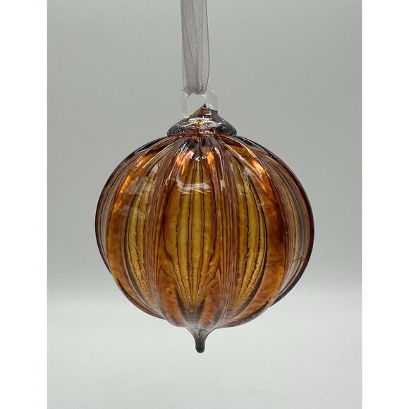 Unmarked Other - Hand Blown Amber Art Glass Christmas Ornament 4” Chinese Lantern Style